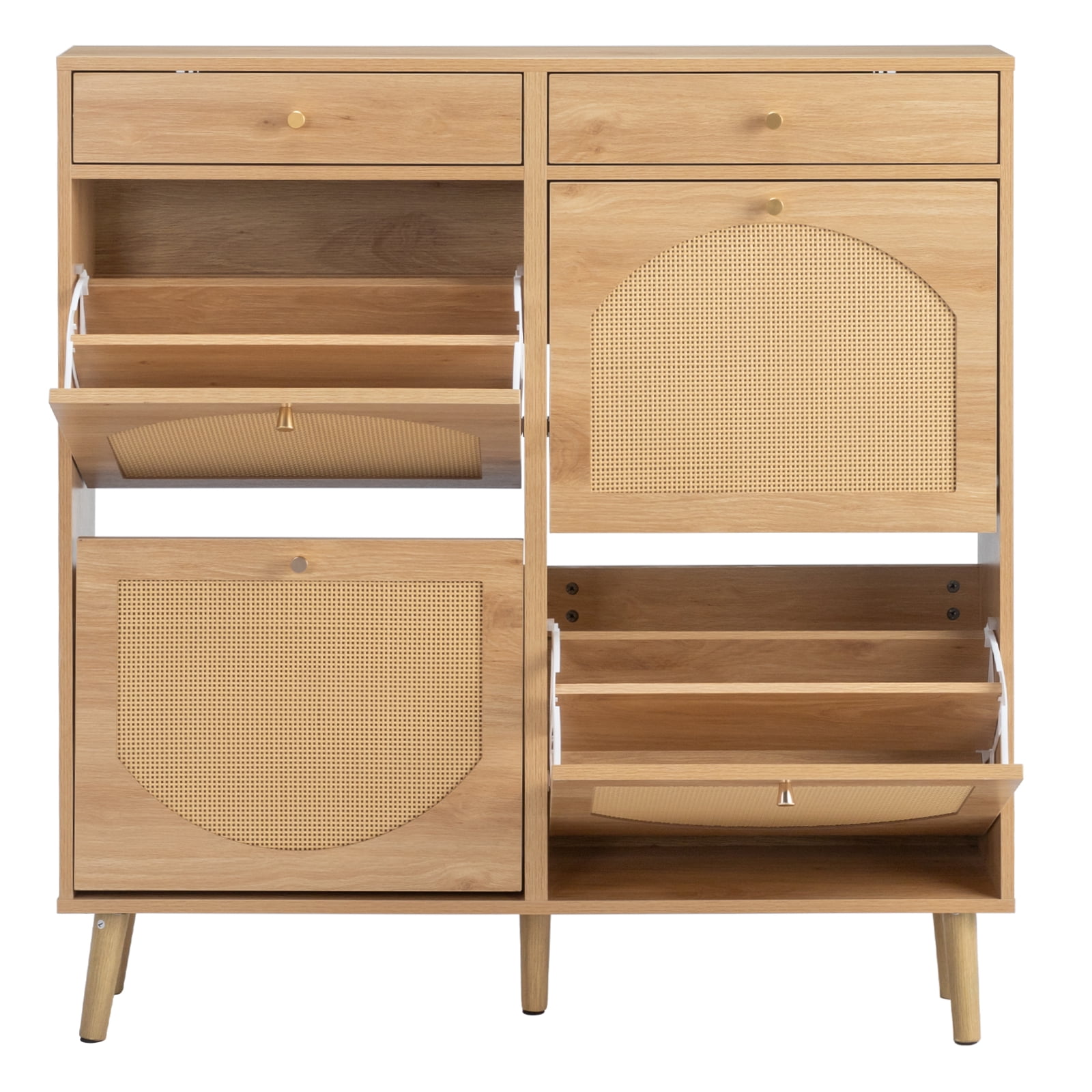 Rattan-Front Shoe Cabinet With 2 Drawers And 4 Flip-Down Compartments, Made Of Particleboard, 105*24*110cm, Natural Wood