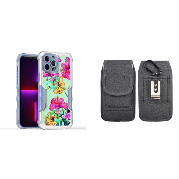 Case and Pouch Bundle for iPhone 14: Heavy Duty Armor Rugged Case (Teal and Pink Hibiscus Flower) and Vertical Nylon Fabric Belt Holster (Grey)