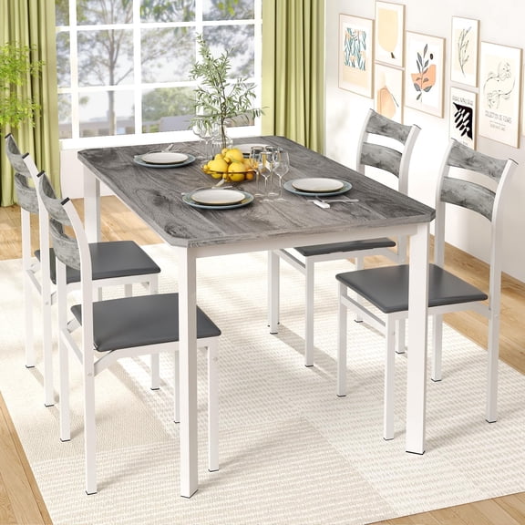 MIERES 5-Piece 4-Person Dining Set, Gray-White Wood-Grain Kitchen Dining Set with PU Leather Upholstered Chairs, Modern Wooden Kitchen Dining Set - Gray