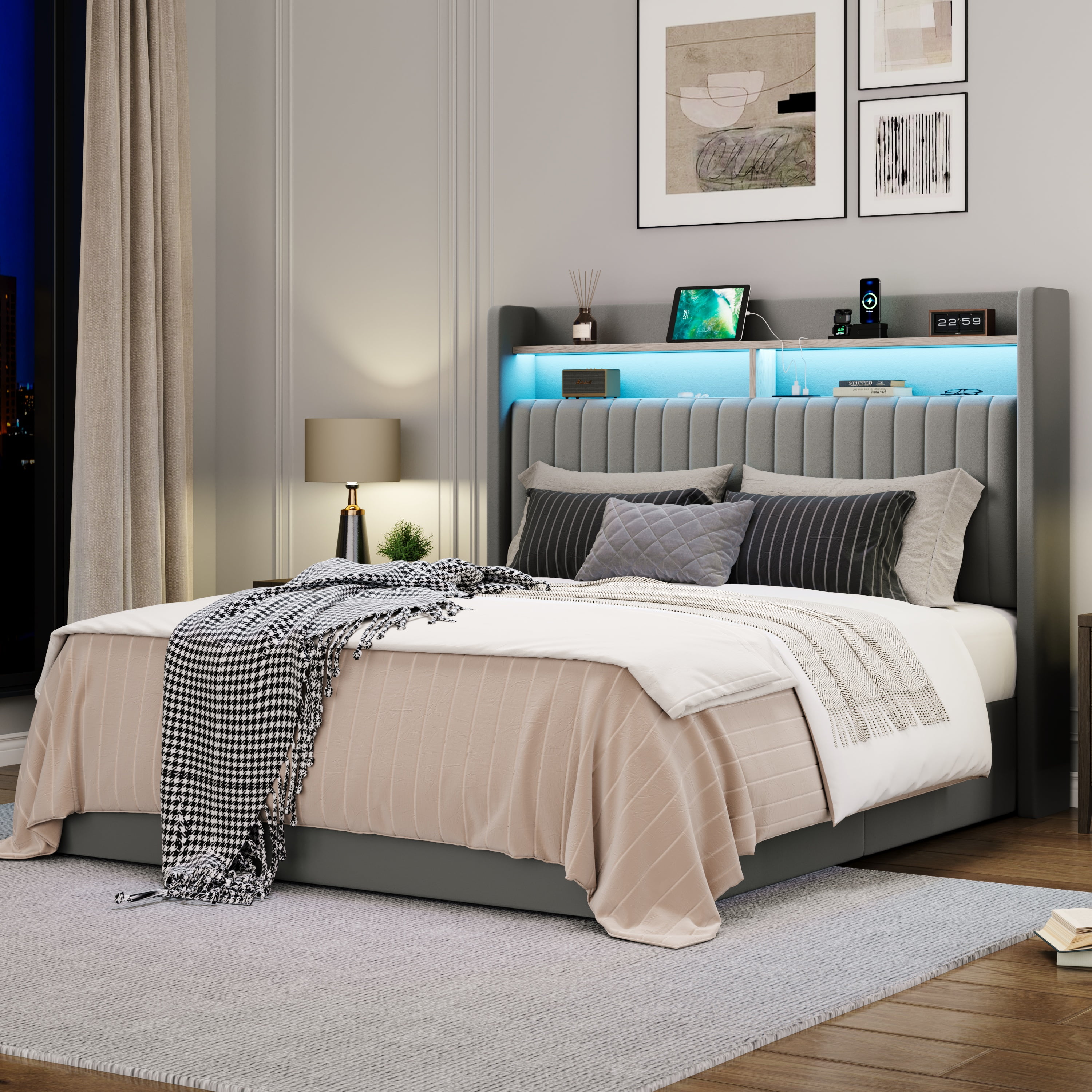 Amolife Full Hydraulic Lift-Up Storage Bed Frame, LED Headboard with Fast Charging (USB/Type-C), 2-Tier Shelves & Velvet Upholstered, Gray