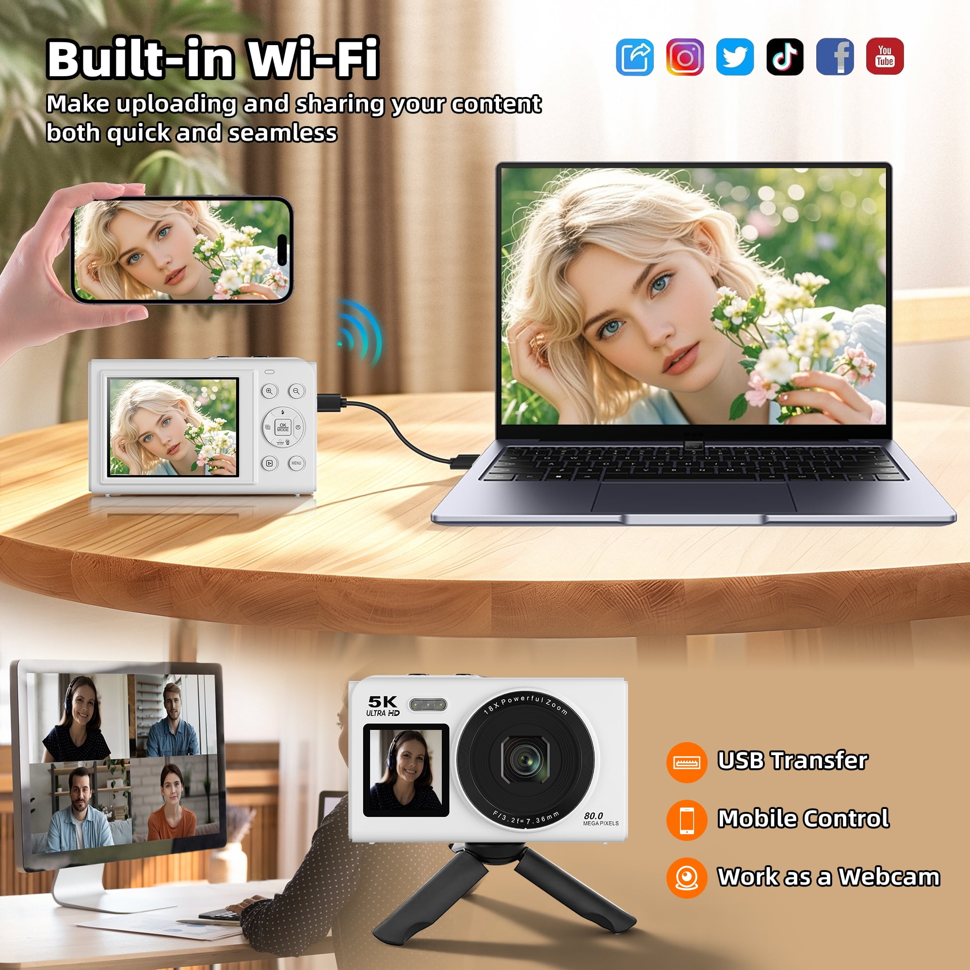 Digital Camera 5K 80MP 18X Zoom with Dual Screen Vlogging Camera, Autofocus WiFi Compact Camcorder Face Detection Beauty Mode for YouTube TikTok Content Creator 64GB Card & 2 Batteries White