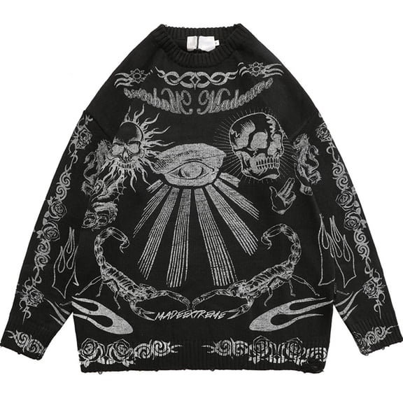 Sofullue Men Women Harajuku Long Sleeve Sweater Gothic Punk Skull Eye Scorpion Graffiti Printed Pullover Tunic Top Oversized Loose Ripped Knitwear Jumper Shirt Streetwear
