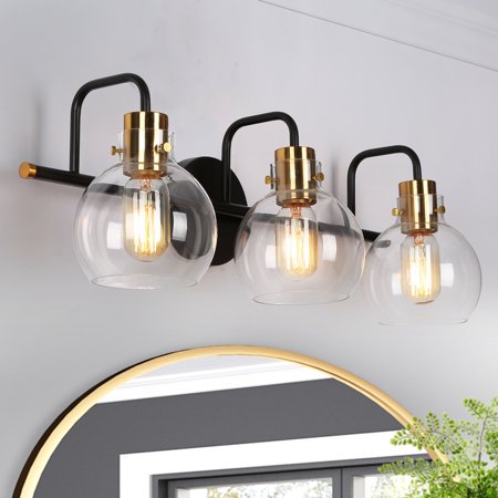 

3-Light Black Gold Bathroom Vanity Lights Modern Wall Lighting with Globe Glass - 23 L x 8 W x 8 H