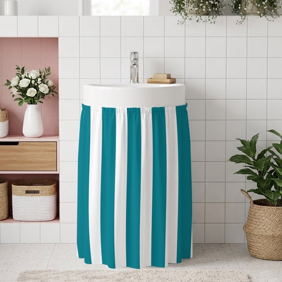 Teal Striped Small Cabinet Curtain 11''x13'', Simple Art Vertical Stripe Farmhouse Bathroom Sink Skirt for Kitchen Vanity Pedestal, Laundry Privacy Drape Waterproof Dishwasher Curtains