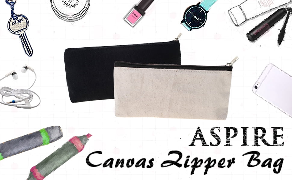 Aspire 60-Pack 12oz Canvas Pencil Zipper Bags, 7" by 3 1/8" with 1 1/2" Bottom - Natural with Black Zipper