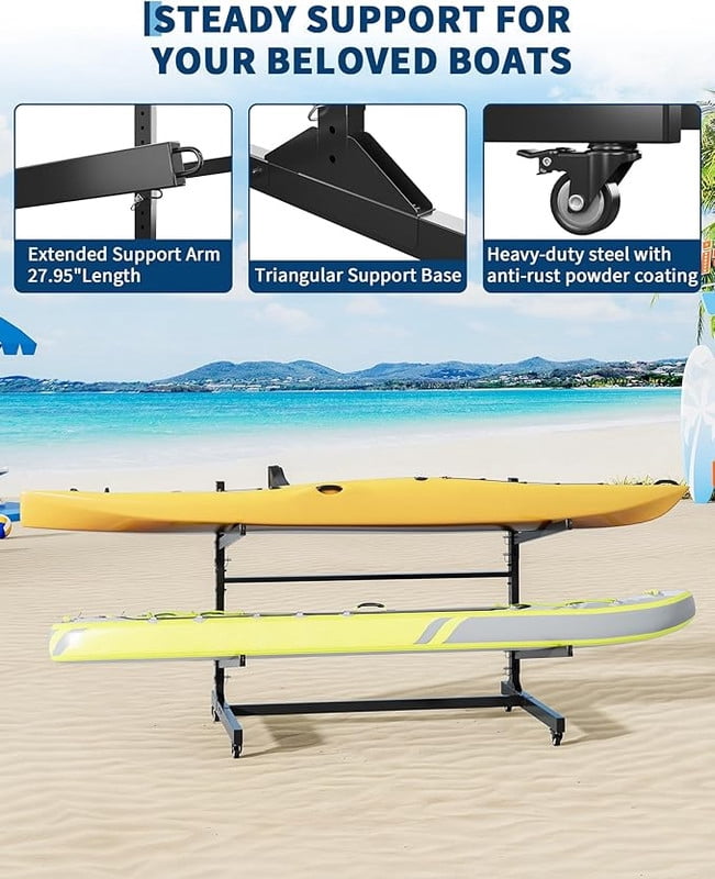 Kayak Storage Rack for 2-6 Kayaks Freestanding Kayak Rack for Outdoor Storage with Movable Wheels, Heavy-Duty Steel Kayak Hanger Holder with Hanging Straps