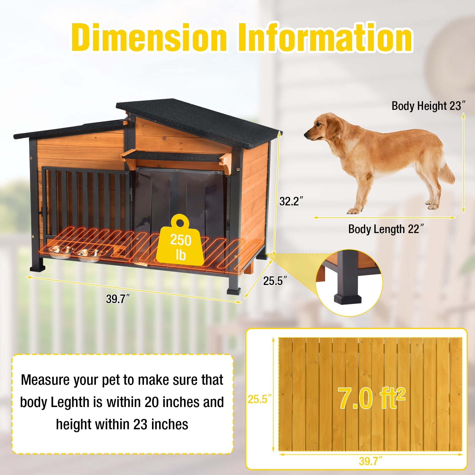 Aivituvin Heated Dog House with Heating Pad & Anti-Chewing Metal Frame, Insulated Wooden Dog Kennel with Unique Design Roof, Weatherproof Dog House for Indoor & Outdoor Use