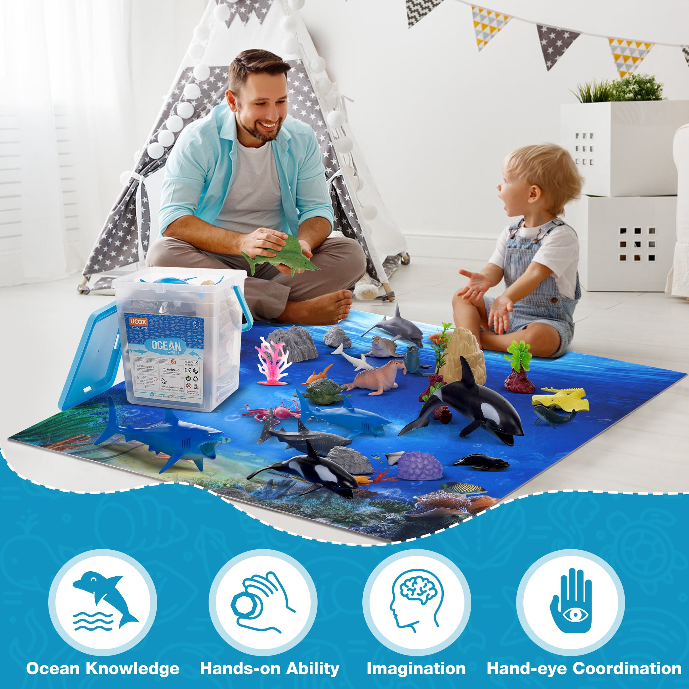 Wisairt Ocean Sea Animal Toys for kids,60 PCS Ocean Play Set with Activity Play Mat,Figure Toys Gift for Boys Girls Toddles Ages 3+
