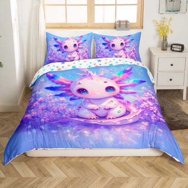 Erosebridal Housse de Couette Axolotl Mignon Très Grand, Literie Animal Océan Dessin Animé Taille Très Grand, Violet Rêveur, Réversible (Sans Couette)