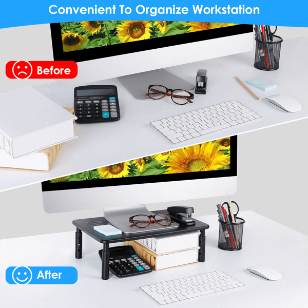 Adjustable Monitor Riser Stand, 3‑Level Height Adjustable Metal Monitor Stand with Ventilated Mesh Platform, 44 Lbs Capacity for Monitor, Laptop, Printer