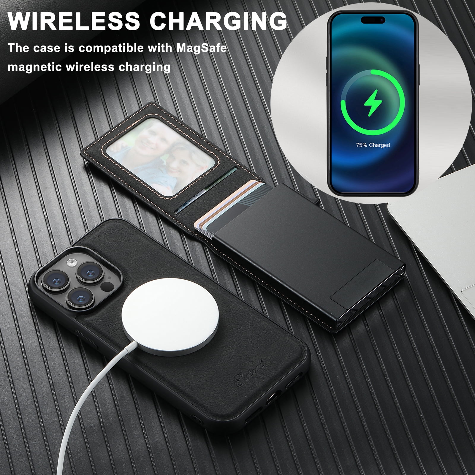 ELEHOLD for iPhone 16 Pro Case, Compatible with Mag Safe Accessory, 2 in 1 Detachable Magnetic Wallet Card Holder Faux Leather Men Women Kickstand Shockproof Case,Black