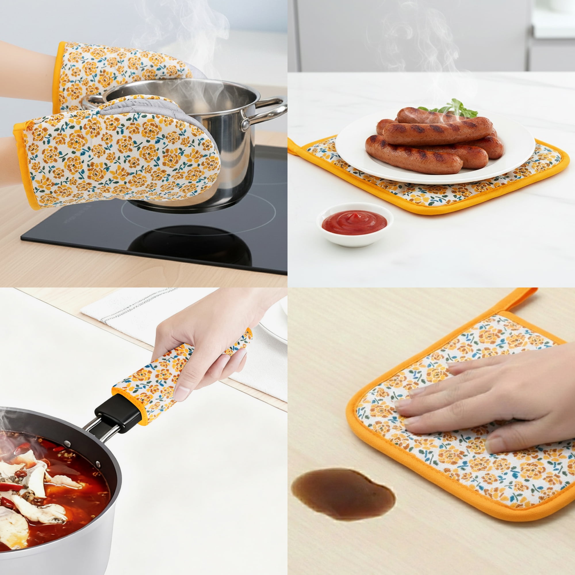 Unique Bargains Oven Mitts Pot Holders Heat Resistant Kitchen Glove Yellow 7.1x5.5inch