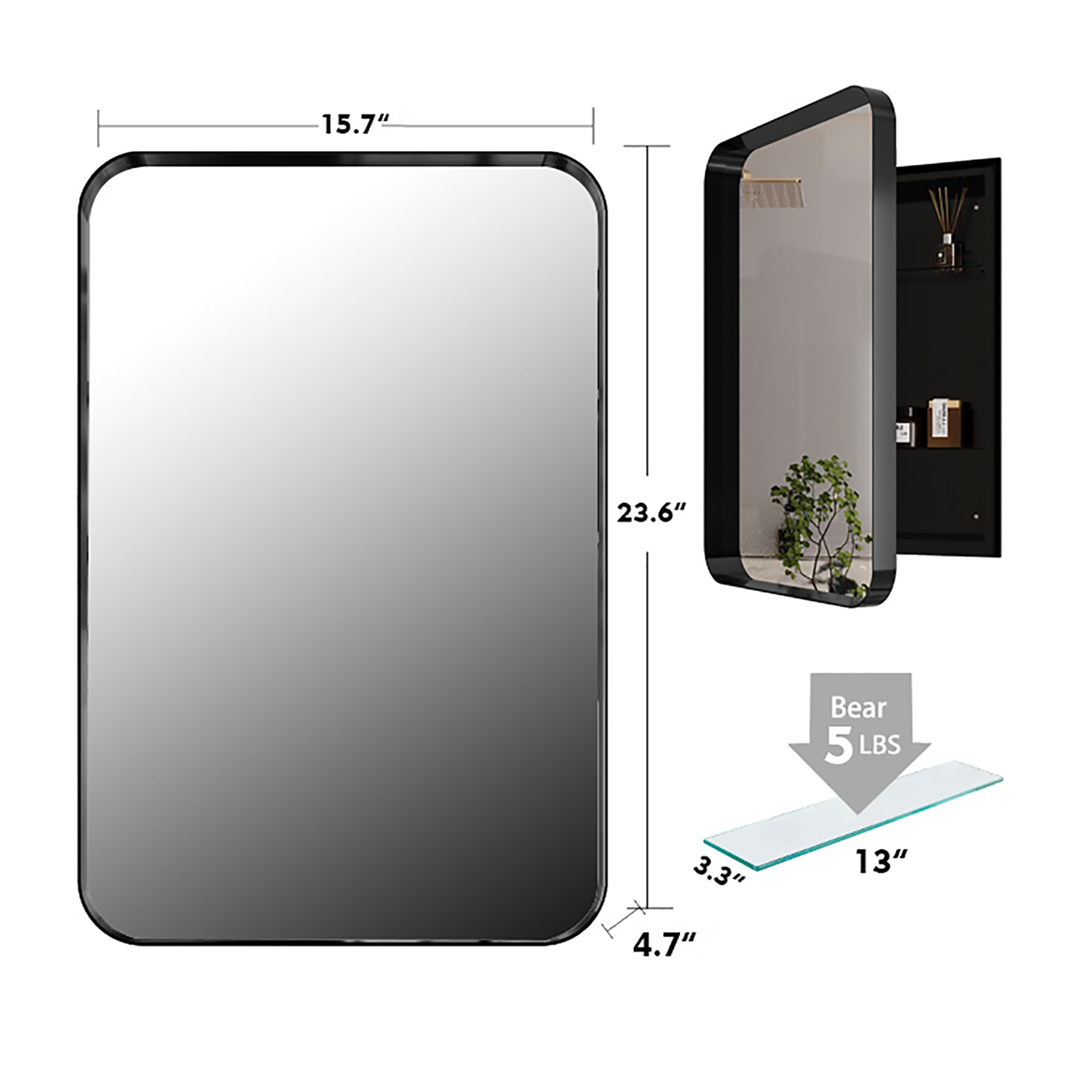 Noble House Modern Recessed Medicine Cabinet with Mirror, Metal Frame & Adjustable Glass Shelves, Matte Black