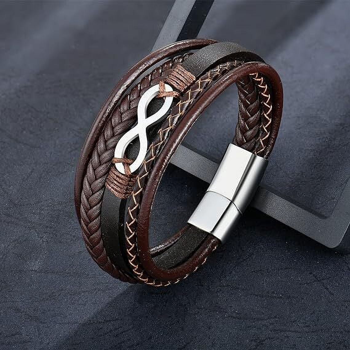 Raymard Mens Infinity 8 Multi-Layer Leather Bracelet,8.5" Brown Braided Bracelet for Men