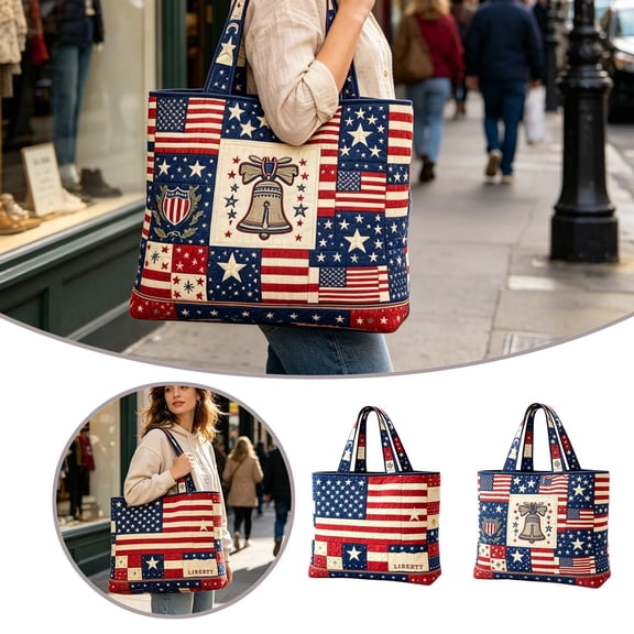 QIUXUJ-38cm Quilted American Flag Tote Bag, 250th Anniversary Liberty Shoulder Bag, Large Capacity Patriotic Purse for Daily Use, Outdoor Activities (A)