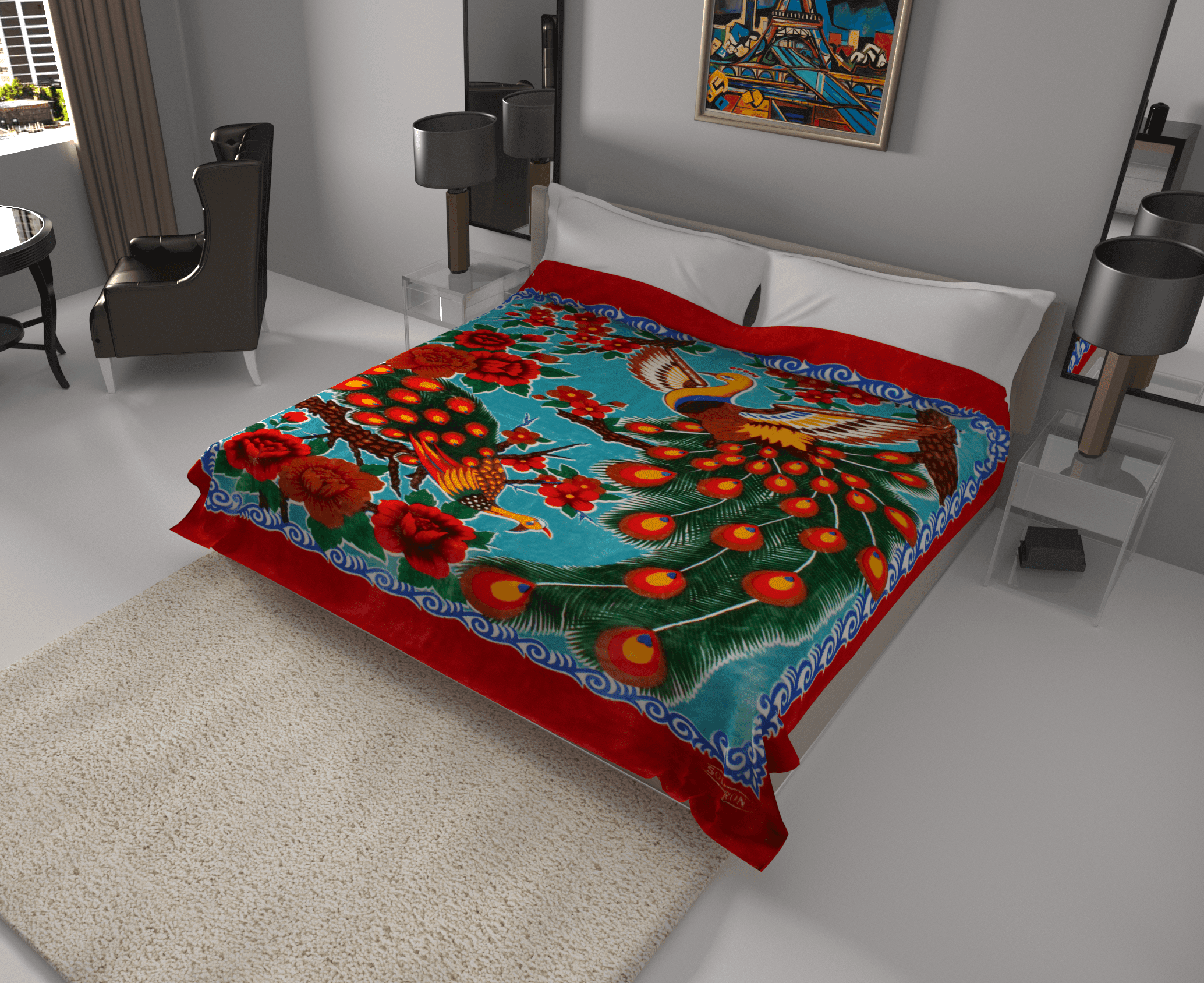 Solaron Queen Peacock Korean Mink Blanket Red Border