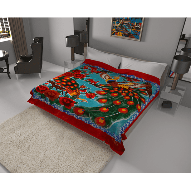 Solaron Queen Peacock Korean Mink Blanket Red Border
