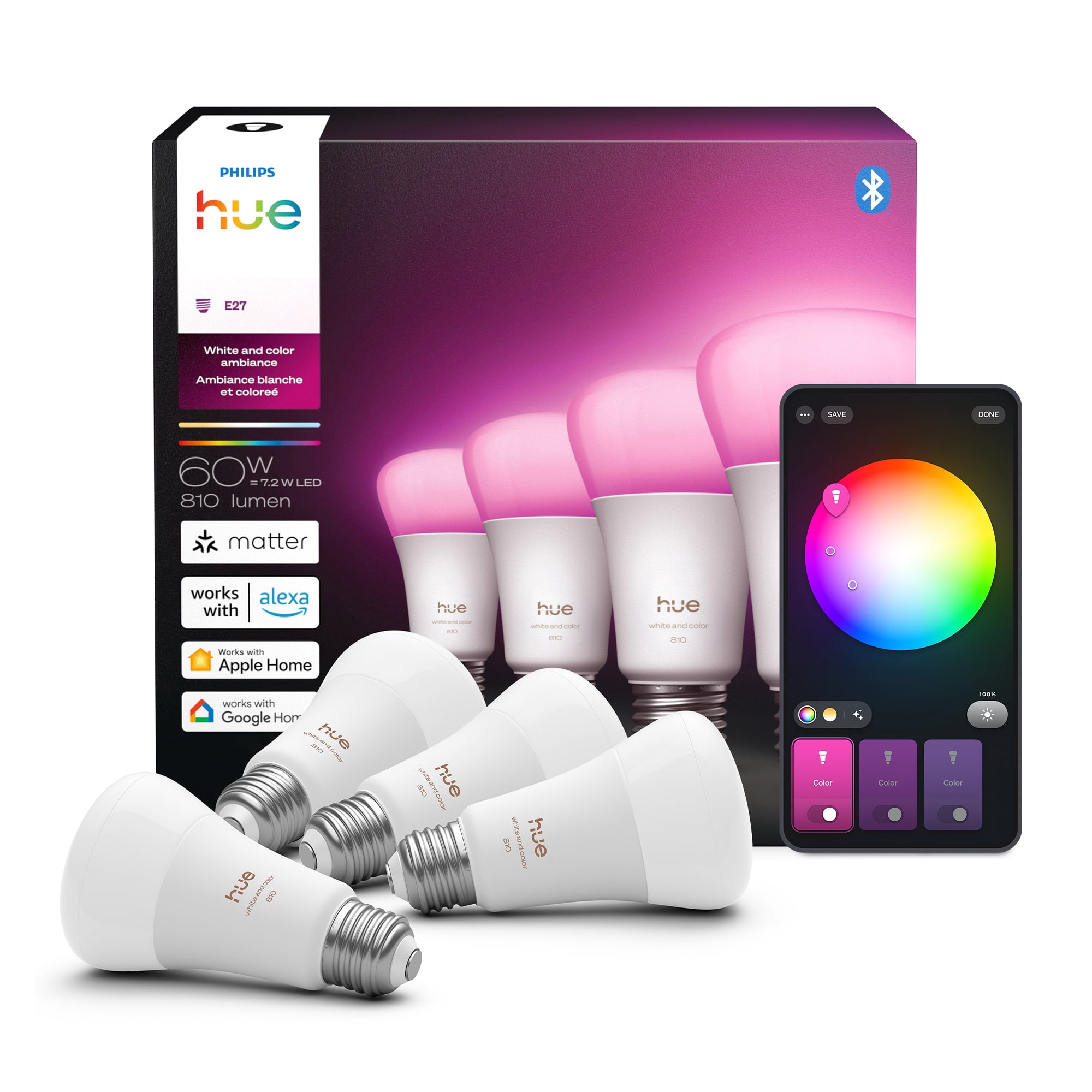 Philips Hue White Color Ambiance A19 E26 Smart Bulbs, 4-Pack