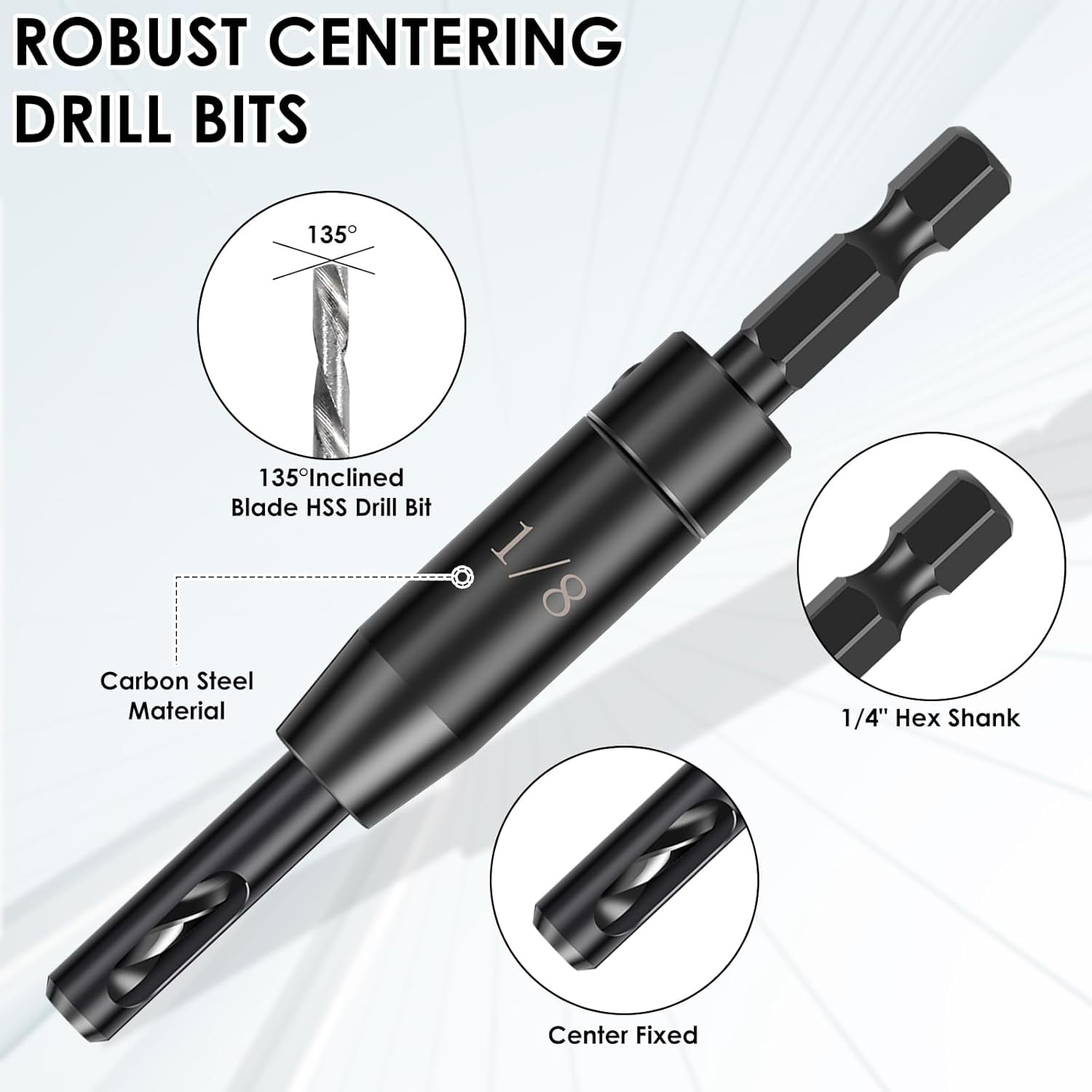 ABCISI 18 PCS Self Centering Hinge Drill Bit Set, 6 PCS 1/4" Hex Shank VIX Bit & 10 PCS 1/64”-5/64” Hinge Center Drill Bits & 2 PCS Hex Key for Woodworking Wood Cabinet Window Door