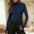 thumbnail image 3 of TKLPEHG Long Sleeve Fitted Tops for Women Turtleneck Stretch Slim Basic Underwear Solid Color Ladies Tops Soft Crew Neck Spring Lightweight Shirt (Navy,L), 3 of 9