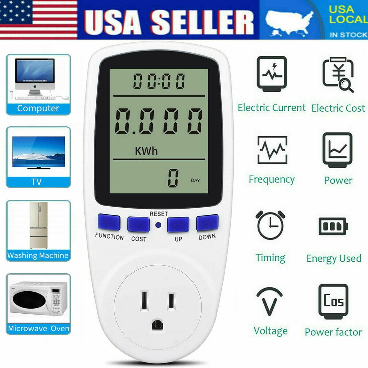 US Electricity Usage Monitor Plug Power Watt Voltage Amps Meter with Digital LCD