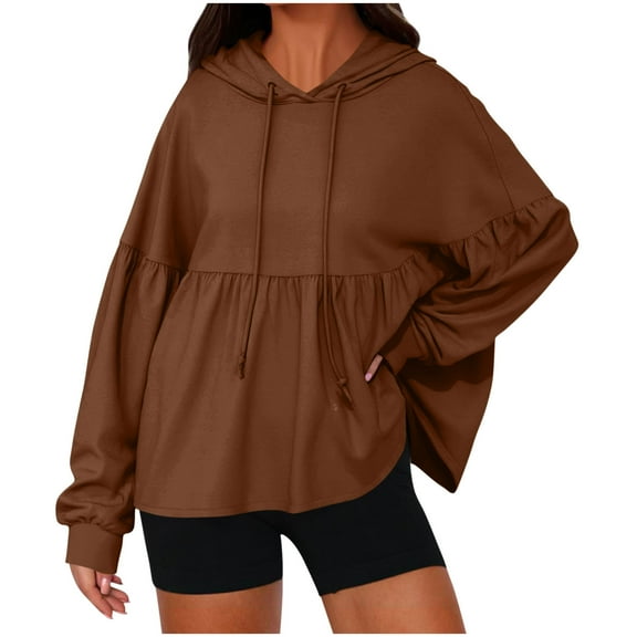 Scyoekwg Womens Oversized Hoodies Sweatshirts Solid Color Casual Lantern Long Sleeve Drawstring Pleated Hem Loose Hooded Pullover (Coffee,S)