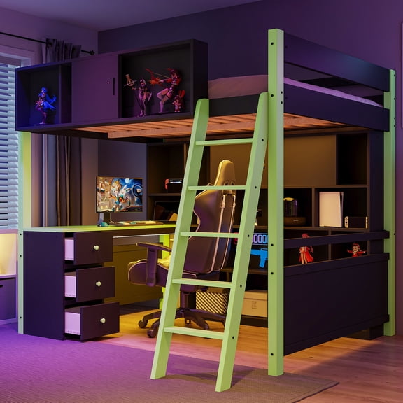 Harper & Bright Designs Gaming Loft Bed Full with Desk and LED Light, Wood Full Size High Loft Bed with Ample Storage Space, Green
