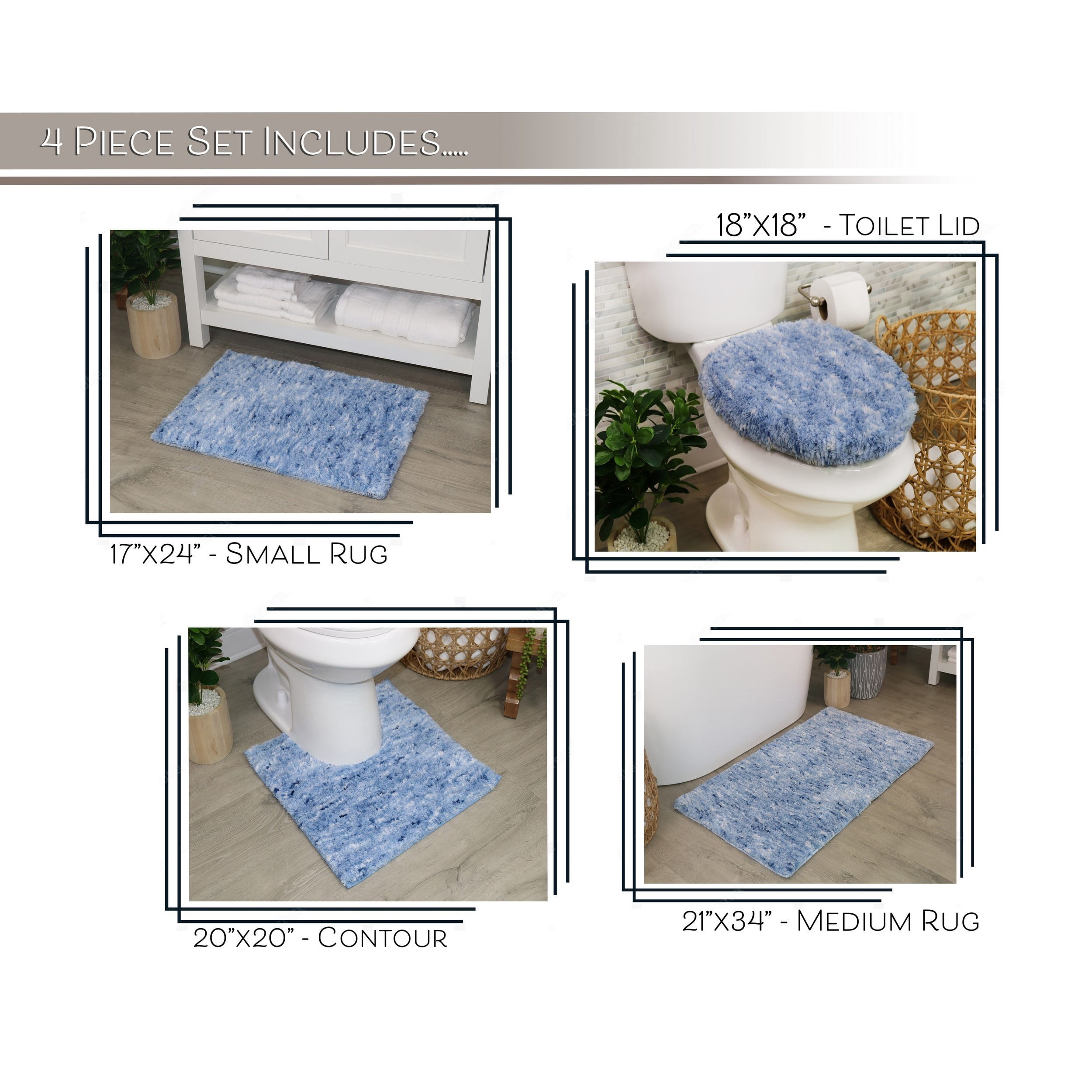 Home Weavers Elegance Bathroom Rugs Sets 4 Piece- Plush Bath Mat Set Quick-Dry Soft Microfiber Bathroom Mat with Rubber Backing, Absorbent Bathroom Rug Set, Washable Bath Rugs, Bath Mats, Blue