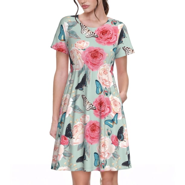 Balery Roses and Butterflies Vestidos sueltos de manga corta para mujer, vestidos de verano 2025, vestidos casuales de corte A con vuelo.