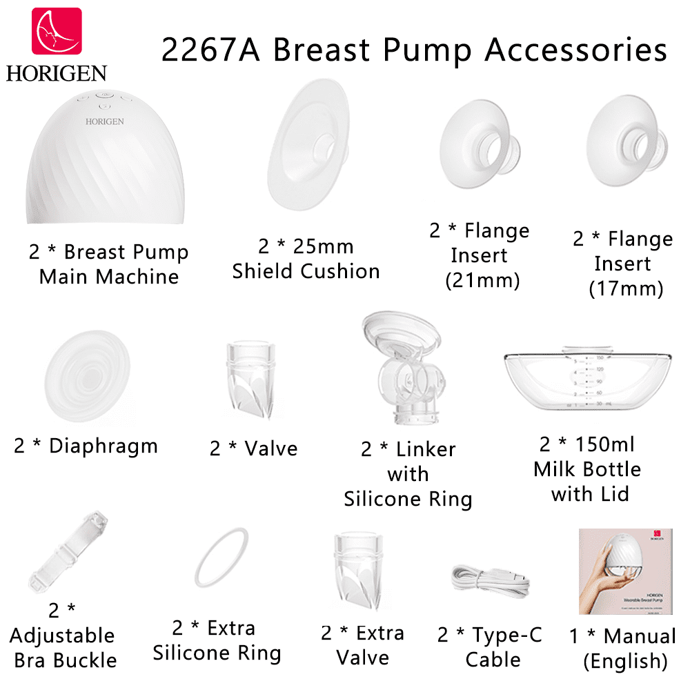 Horigen Breast Pump 2267A Double Pink Electric Wearable Breast Pump Lower Noise 2 Modes 5 Suction Levels Hands Free USB Rechargeable