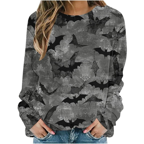Drses‌‌ ‌‌‌‌‌‌‌‌‌‌‌‌Women's Halloween & Christmas Graphic Tee - Long Sleeve Round Neck Spooky Bat Shirt
