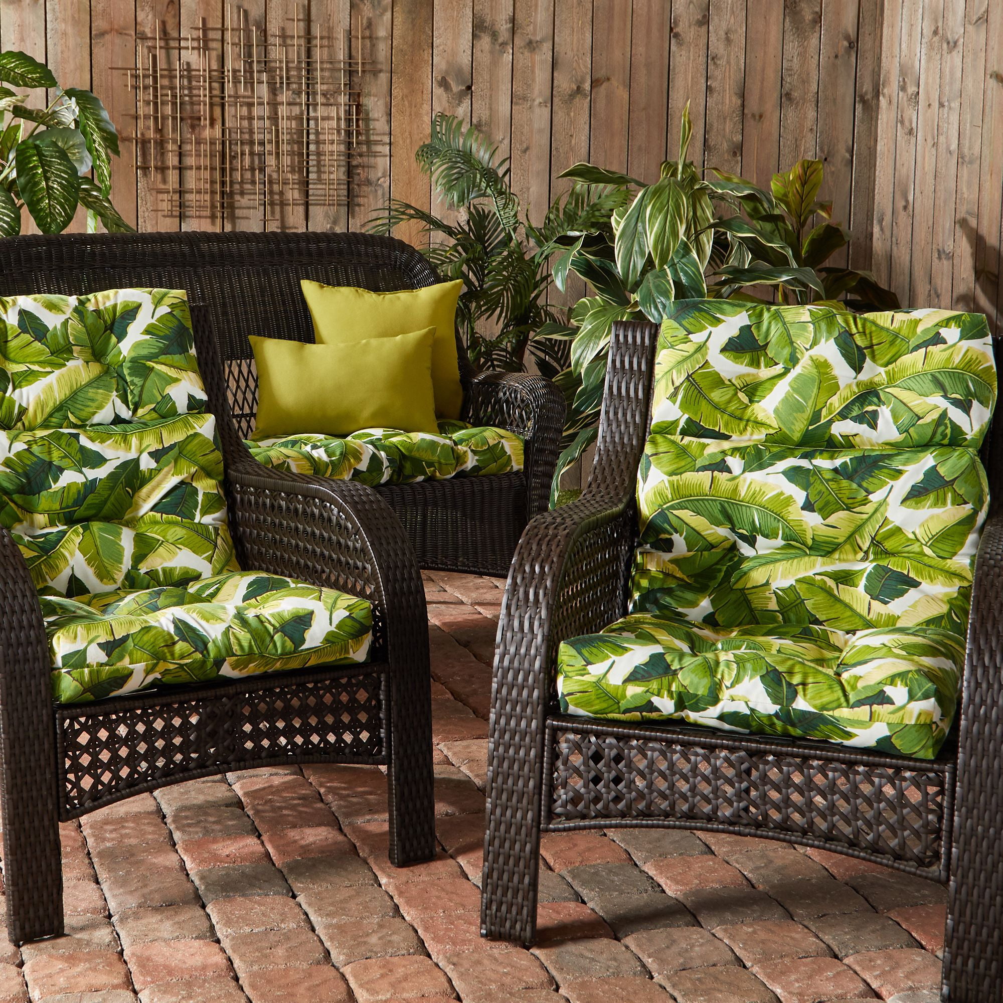 Palm Leaves White Outdoor High Back Chair Cushion (2-pack)