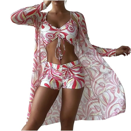 Lolmot Women s Summer Casual Halter Top Bathing Suit Printed 3 Pieces High Waist Bikini Maxi Swimsuit Cover up Bathing Suit for Women for Swimming Pool  Beach