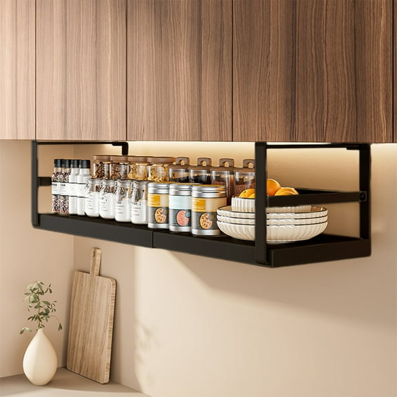 Foqnuq Adjustable Under-Cabinet Storage Basket - Space Saver for Kitchen, Bathroom & Pantry - Steel Construction - Easy Installation - Black