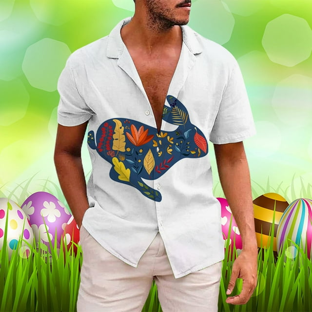 toraway Mens Shirts Button down Men's Easter Rabbit and Egg Print Short Sleeve Male Leisure Style Shirt Spring and Summer L