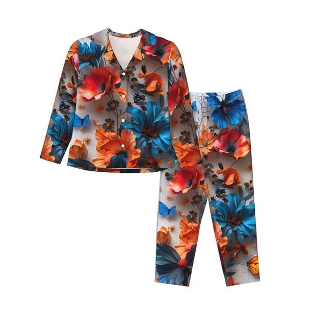 Fotbe 3D Butterfly Conjunto de Pijama de Manga Larga para Mujer con Estampado, Ropa de Dormir de 2 Piezas, Conjunto de Casa Suave y Cómodo con Bolsillos-X-Large