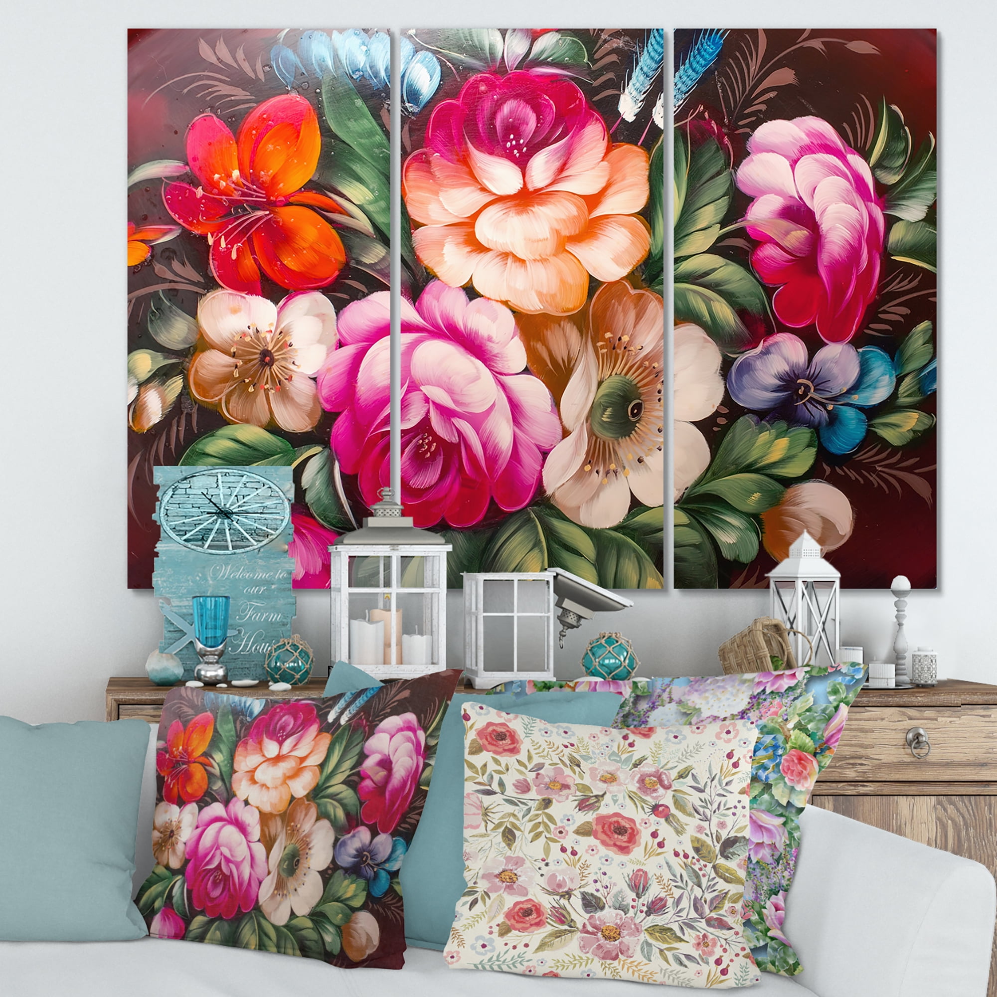 Designart ' Vintage VIbrant Yellow and Red Flower Still Life III ' Traditional Canvas Wall Art Print