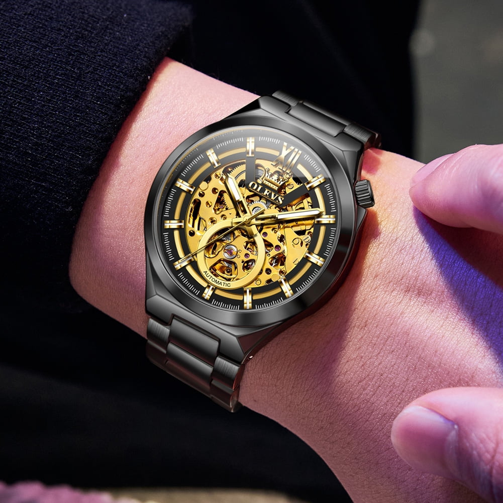 OLEVS Skeleton Watches for Men Luxury Dress Automatic Self Winding Mechanical Gold Plated Stainless Steel Waterproof Luminous Business Men Wrist Watch Reloj Para Hombre