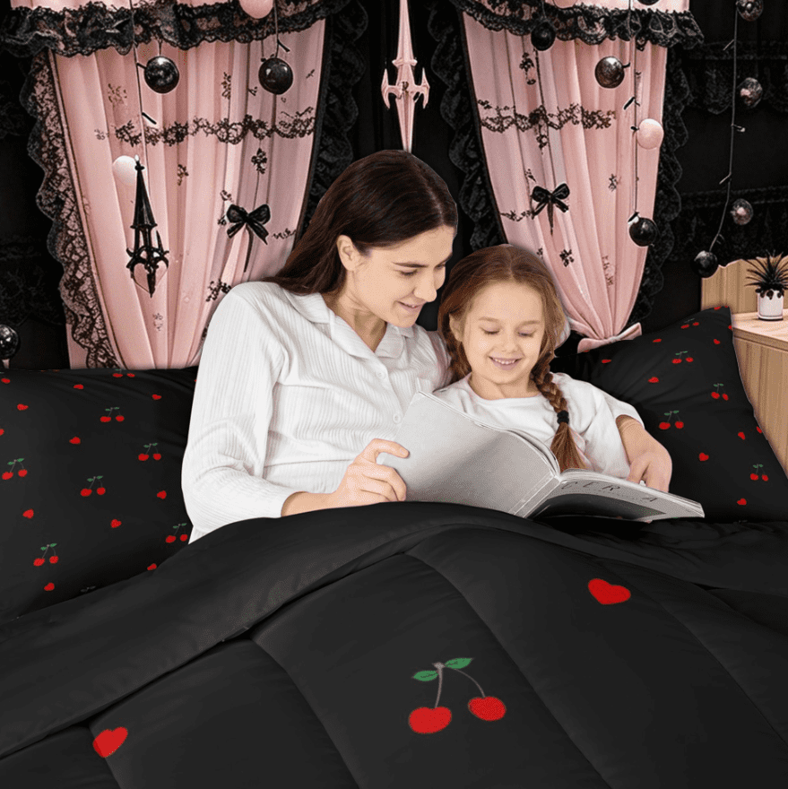 Manfei Kawaii Cute Cherry Full Size Comforter Sets for Kids Girls, Black Red Love Heart Bedding Comforter Set, Black Reversibles, 3pcs