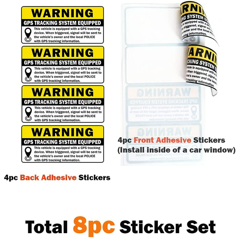 TOTOMO (Set of 8) Anti-Theft Car Vehicle Stickers with GPS Tracking Warning  - 3 x 1.5 Sign (4pc Sticker + 4pc Window cling)