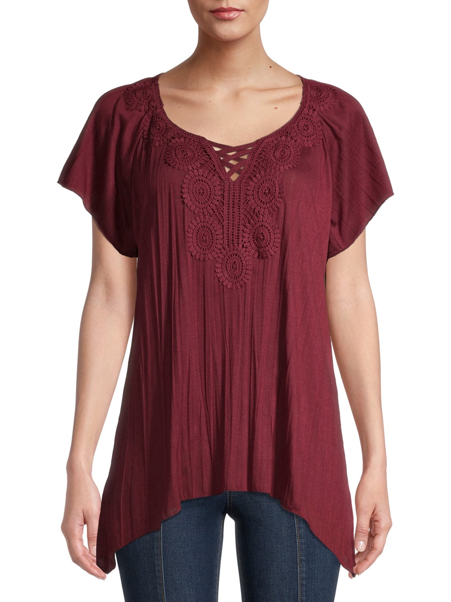 New York Laundry Women's Plus Size Flutter Sleeve Applique Twisted Jersey Top