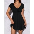 thumbnail image 6 of Women'S Short Sleeves Drawstring Front Ruched Short Dress V Neck A Line Tshirt Dresses Black S, 6 of 9