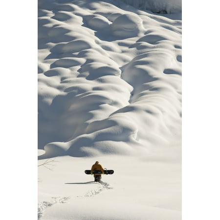 Person walking with a snowboard in mountains above Haines Southeast Alaska USA Poster Print by Dean Blotto Gray  Design