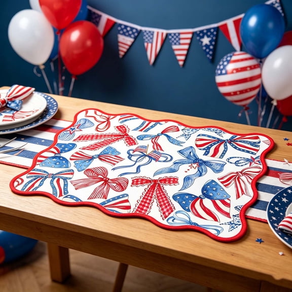 LNOGEUPG Red Blue Bow Patriotic 4th of July Placemats Set of 6 Dining Table Mats,Non-Slip Washable Independence Day Kitchen Table Placemats for Indoor Outdoor Party Decoration,16.25x16.25 inch