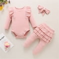 thumbnail image 4 of Coerni New Born Baby Girls Clothes Long Sleeve Solid Rib Romper Bow Pants Headbands Set Fall Winter Outfits 3pcs, 4 of 6