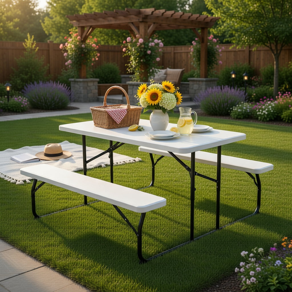 Hommoo Folding Outdoor Picnic Table & Bench Set, Wood-Grain HDPE Top, Steel Frame, Heavy-Duty Folding Patio Table for Backyard, Camping, Tailgating, White