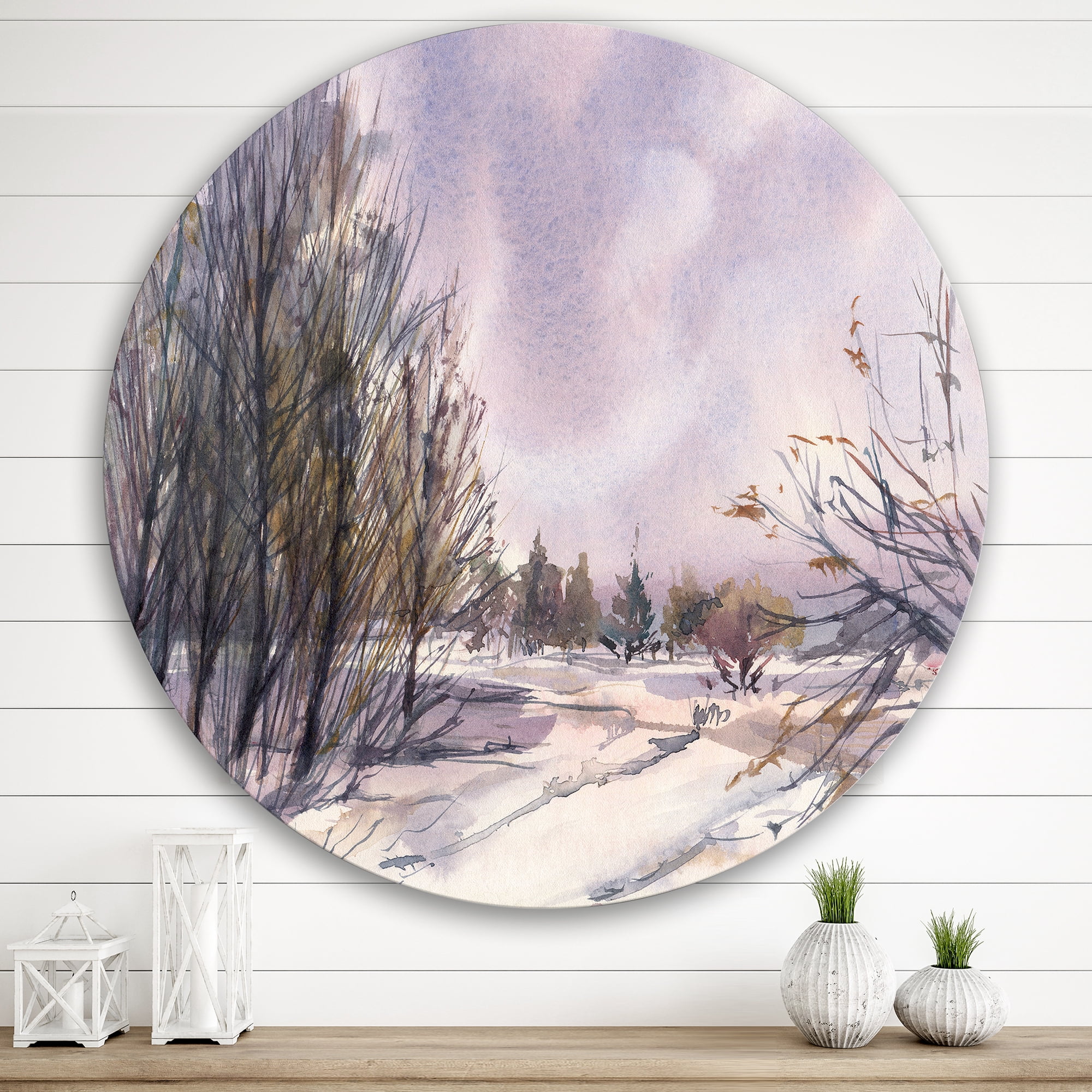 Designart 'Purple Snowy Tones With Winter Landscape' Traditional Circle Metal Wall Art 36x36 - Disc of 36