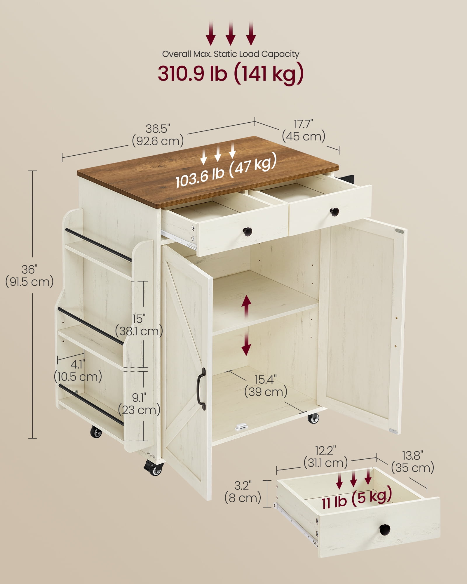 VASAGLE Mobile Kitchen Island,Portable Island with Spice Rack,Mobile Cart with Storage Cabinet,17.7 x 36.5 x 36 Inches,Rustic White and Honey Brown