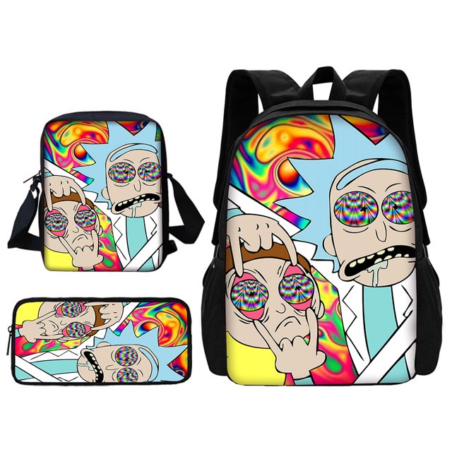 3 pcs set Funny M-mortys Cartoon R-ricks School Bag For Boy Girls with Shoulder Bags Pencil box Cartoon Backpack for Child
