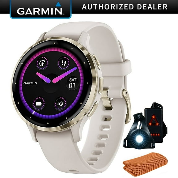 Garmin 010-02785-04 Venu 3S Health Fitness GPS Smartwatch Gold Steel Bezel with Ivory Case (41mm) Bundle with Sport Towel, Deco Essentials Wearable Safety Light| Official Garmin USA Dealer